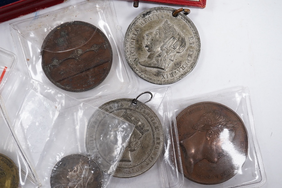 Historic and Royal commemorative medals, including death of George IV brass medal, 1830, two cased Victoria Diamond Jubilee bronze medals, Edward VII coronation silver medal, a Forth railway bridge etc.